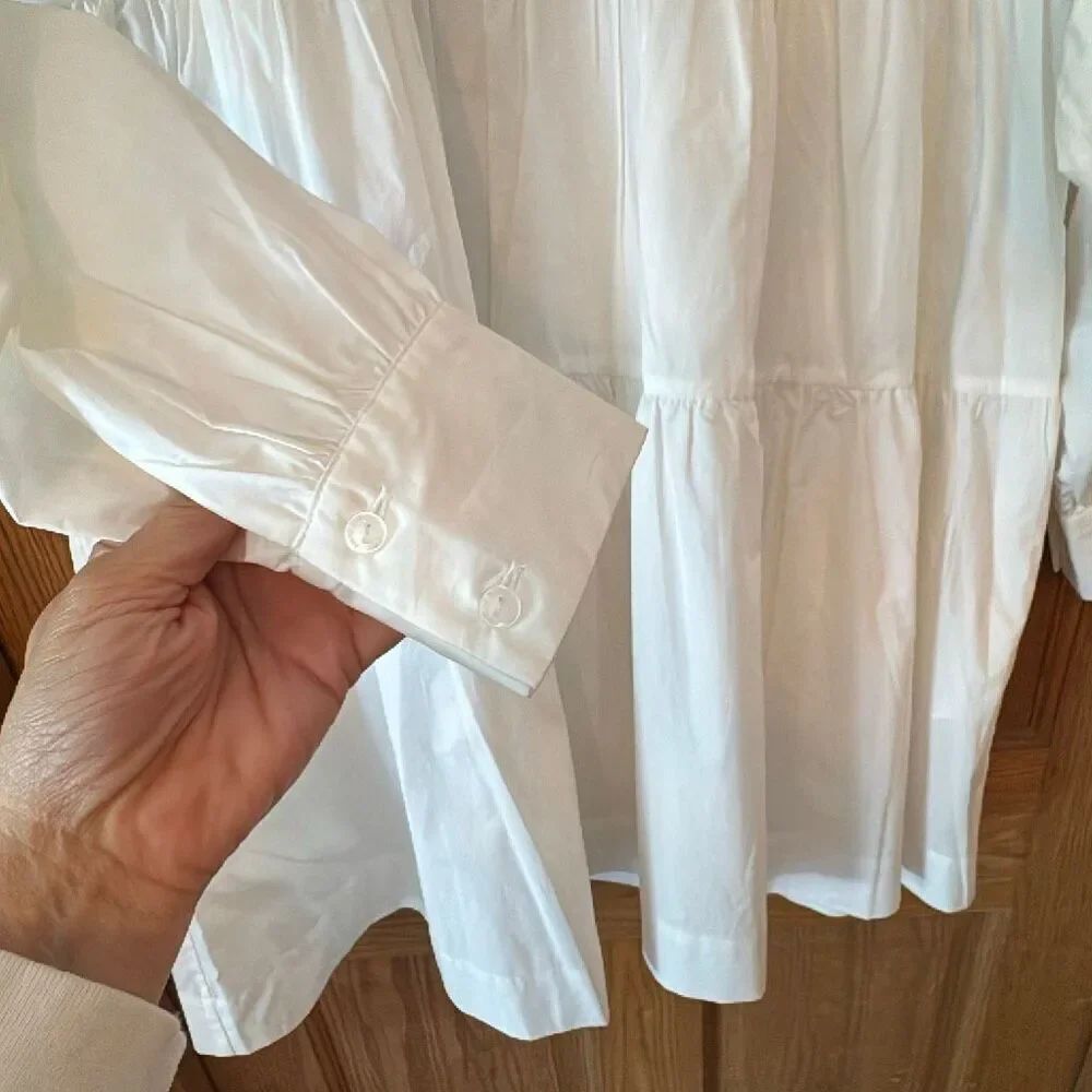 ANINE BING Addison Tiered Cotton V-Neck Long Sleeve Oversized Babydoll Mini Dres - Picture 6 of 13